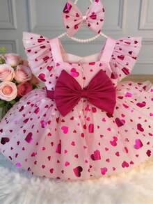 Baby Girls Love & Cap Sleeve Mesh Tulle Princess Party Pink Dress, Elegant Birthday Gift Dress For Girls, Suitable For Birthday, Wedding, Holiday Celebration - Dusty Pink - View 1