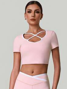 Women's Summer Color Block Low-Neck Crossover Straps Short-Sleeve Crop Top T-Shirt With Chest Pads For Yoga Pilates Fitness Running Sports - Pink - View 5