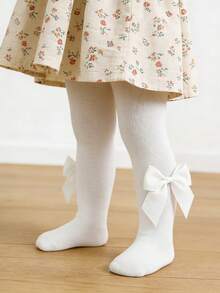 1pc Girls' Solid Color Bow Decor Tights, Suitable For Everyday Wear - White - View 11