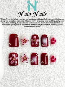 NAIO 10pcs/Set Spring And Summer Handmade Press On Nails Coffin/Almond/Short Square Nail Tips, Y2K Baddie Style, Red, White Color, Floral Relief, White Ombre, Metal Accessories. Cream Texture, Suitable For Women And Girls, Party, Daily Wear, Comes With Tool Kit, Great Gift For Ladies Nails Nail Supplies - Multicolor - View 12