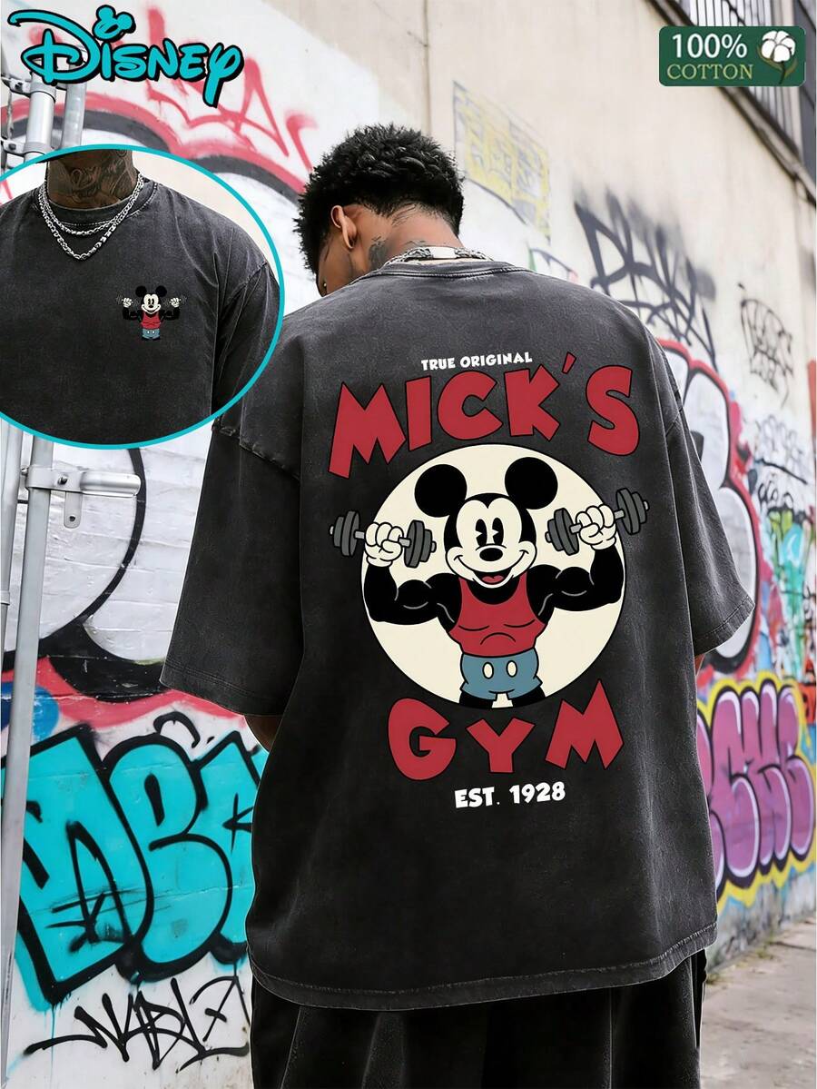 Disney Mickey Mouse Mick's Gym T-Shirt Men 100% Cotton Washed Vintage Double Sided Print Bodybuilding EST.1928 Graphic Tee Casual Short Sleeve Tops. - 黑色 - 查看 1