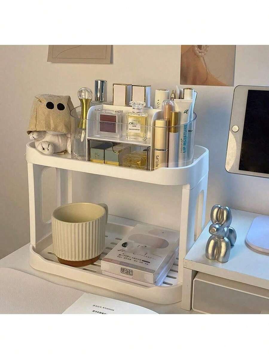 1pc White Multifunctional Double-Layer Storage Rack, Suitable For Storing Cosmetics, Desktop Files, Kitchen Spices, And Bathroom Items, Perfect Gift Choice