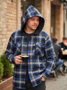 Men's Adult Flannel Plaid Shirt With Hood. - 藍色 - 查看 9