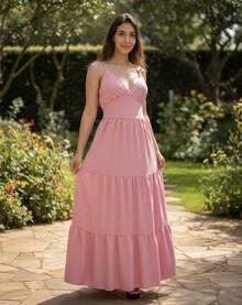 Women's Duna Ruffled Maxi Dress With Built-In Bra - Elegance, Lightness And Perfect Drape. - Pink - View 3