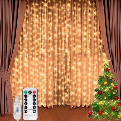 أضواء ستائر النافذة 300 LED بمساحة 3م * 3م مع 8 أوضاع تحكم عن بُعد، مناسبة لغرفة النوم والحديقة والحفلات والزفاف، لون أبيض دافئ