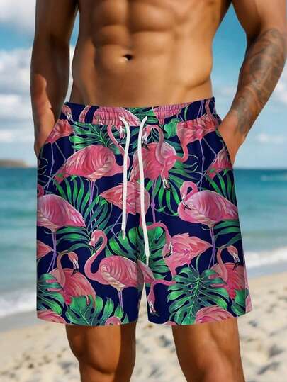 Pantalones cortos de playa de moda para hombres, pantalones cortos de playa casuales de un solo capa con cordón, estampado digital 3D de plantas tropicales, hojas de palma y flamencos, para uso casual y de resort