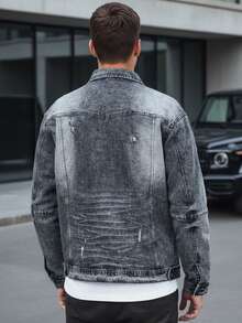 Men's Denim Jacket With Distressed Details, Slim Fit, Button Placket, Four Pockets, Button Cuffs, Short Style, Washed Denim Jacket With Street Style, And Excellent Workmanship. - Black - View 4