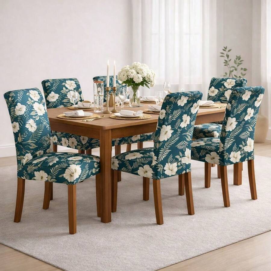 Chair Cover Set For 6 People, Kitchen/Dining Room, Printed Gel Knit - Petrol Green Floral - View 1