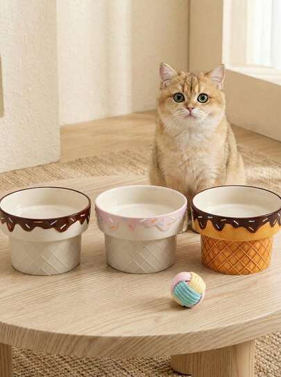 PETSIN 1pc Ceramic Cat Bowl, Elevated Dog Bowl For Neck Pain, Ice Cream Design Pet Food Dish, Anti-Tilt Feeder
