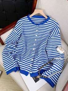 Vivid Style Autumn/Winter New Women's Fashion Street Style Loose Striped Knit Cardigan, Suitable For Street, Airport, Christmas, New Year - Xanh và trắng - Xem 7