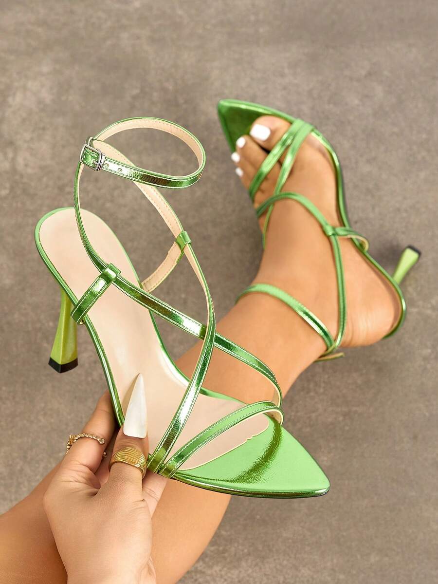 女士优雅绑带交叉搭扣高跟凉鞋，金属质感亮面莲花绿露趾高跟鞋，时尚百搭尖头细高跟鞋，适合夜店派对、婚礼、情人节、母亲节、妇女节、新年礼物 - 綠色 - 查看 1