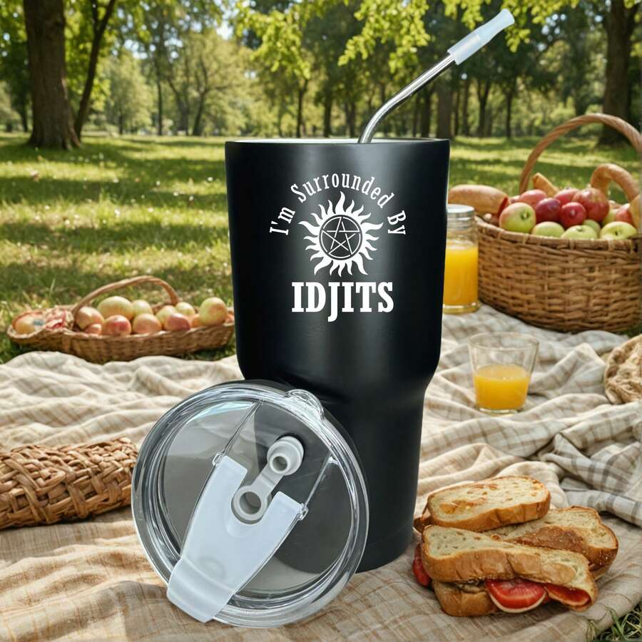 30oz Stainless Steel Tumbler Black White Options, I'm Surrounded By Idjits Graphic Cups, Insulated Travel Coffee Mug With Lid And Straw , Double Wall Vacuum Reusable Travel Cups, Funny Birthday Party Gift For Women & Men - 黑色 - 查看 1