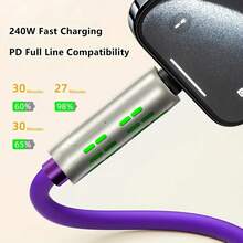 四合一铝合金快充线，液态硅胶发光耐用数据线，带USB/Type-C/Lightning接口，高效数据传输，兼容 17/16/15/14/13/12/11/Xs/Xr/8/7/6、S24 Ultra/S24/S23 Ultra/S23/S22/S21等机型。 - 紫色 - 查看 5