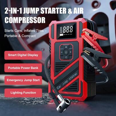 Portable Car Tire Inflator And Emergency Jump Starter, 12V Car Battery Charger, Jump Starter Kit With Tire Inflator For Gasoline Vehicles, USB Charging Port And LED Flashlight, On-The-Go Tire Inflation Road Trip Emergency Tool.