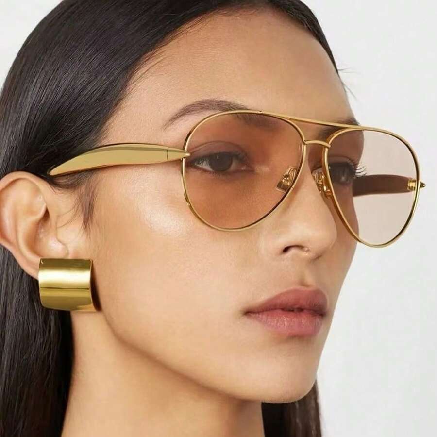 1 paire de lunettes de mode en métal à double pont et grand cadre, lunettes œil de crapaud, lunettes rétro polyvalentes et à la mode de haute qualité, convenant pour le port quotidien, la photographie de rue, les vacances, la plage d'été et d'autres occasions. Accessoire idéal pour les vacances à la plage, les activités de plein air et les voyages. Cadre aviateur rétro super large, convenant pour les tenues et la rentrée scolaire. - Champagne - Voir 1