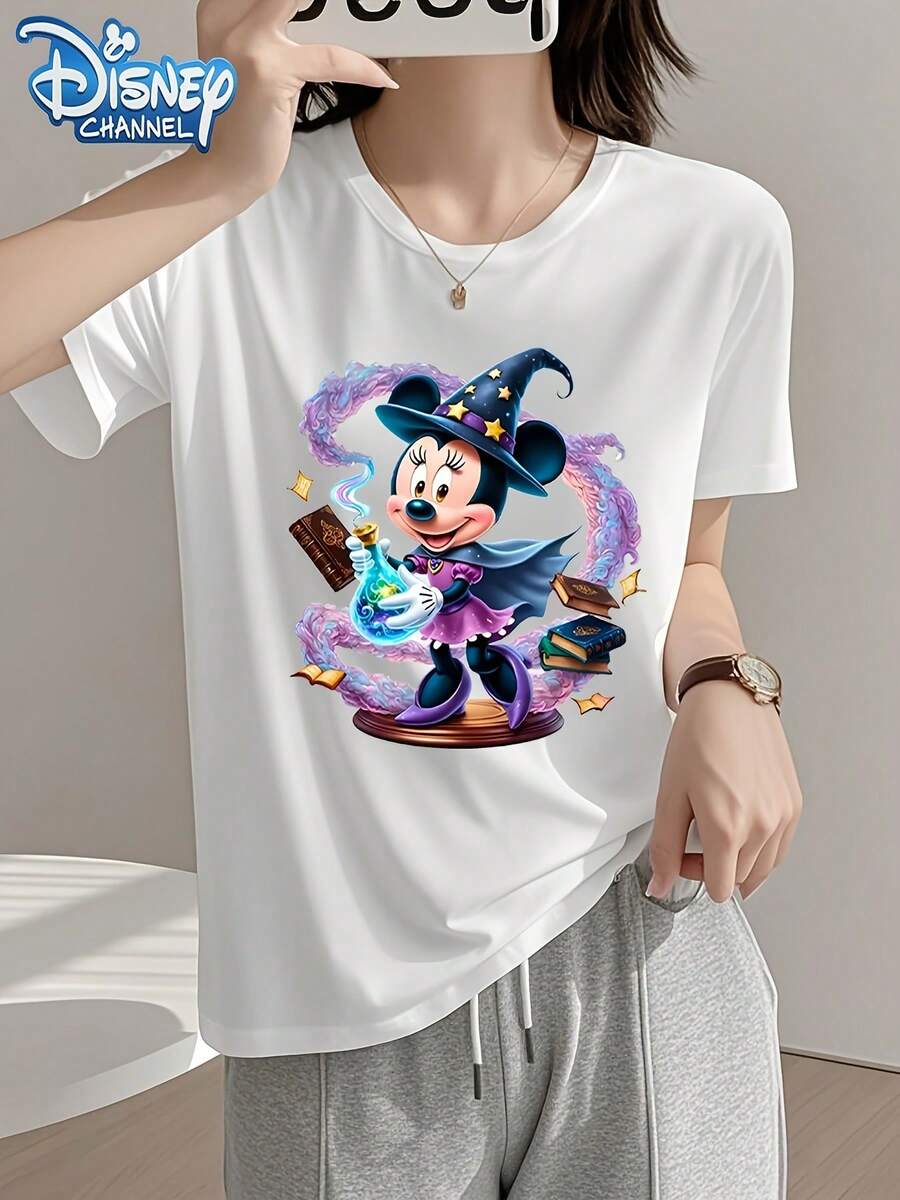Disney Women'S T-Shirt With Minnie Mouse Magic Pattern | Casual, Short Sleeve, Round Neck, Ideal For Spring And Summer | Comfortable Anime Print Tee - trắng - Xem 1