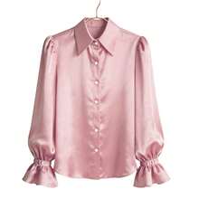 Women's Satin Silk Blouses Dressy Lantern Long Sleeve Shirts Button Down Work Business Casual Tops Vintage Loose Fit Puff Sleeve Blouse Dressy Tops - 粉色 - 查看 5