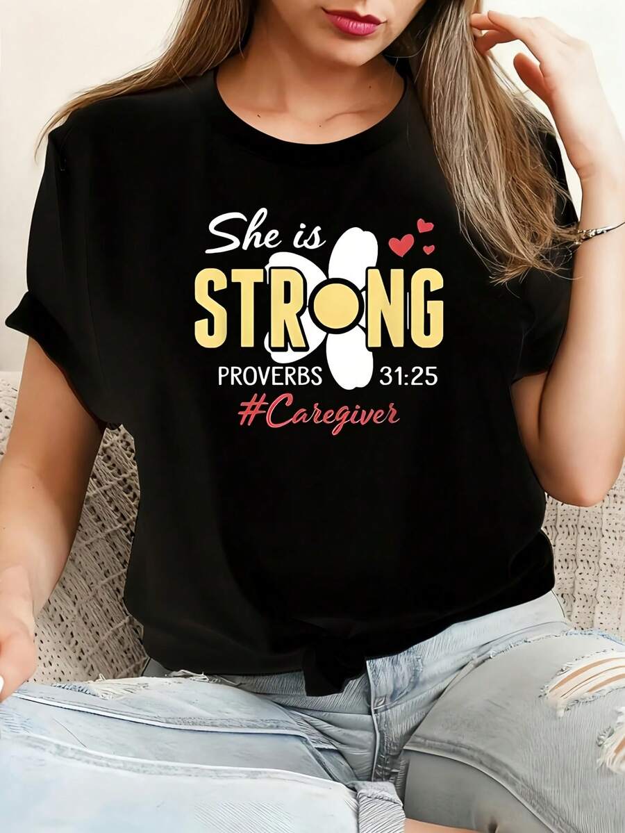 She is a strong nursing nurse Camiseta de algodón 100% femenino camiseta Casual 220g Funny Graphic Short Sleeve 1 PCS Tee Novelty Crew Neck Oversized Top - Negro - Ver 1