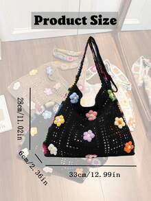 Fashionable And Best-Selling Bohemian Style Colorful Crossbody Bag, Made With Hollow Weaving Technique, Grandma's Plaid Crochet Pattern, Vintage Handmade Feel And Summer Vibe. Large Capacity, Suitable For Commuting, Beach Vacation Or Music Festival., Boho - 黑色 - 查看 9