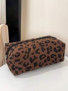 Corduroy Leopard Print Octagonal Cosmetic Bag, Travel Toiletry Pouch, Portable Earphone, Cable & Charger Organizer - Brown - View 4