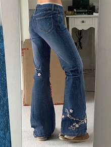 Women Bell Bottom Jeans Stretchy Flare Mid Rise Embroidery Vintage Denim Pants 90s Outfits Y2k Clothes - 藍色 - 查看 3