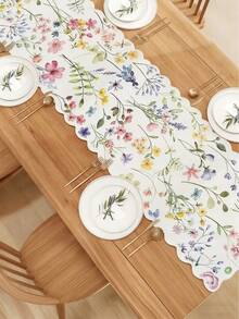 1 pieza Camino de mesa con estampado de olas florales acuarela, adecuado para primavera/verano, Pascua, decoración de mesa de cocina y comedor del hogar - Multicolor - Ver 1