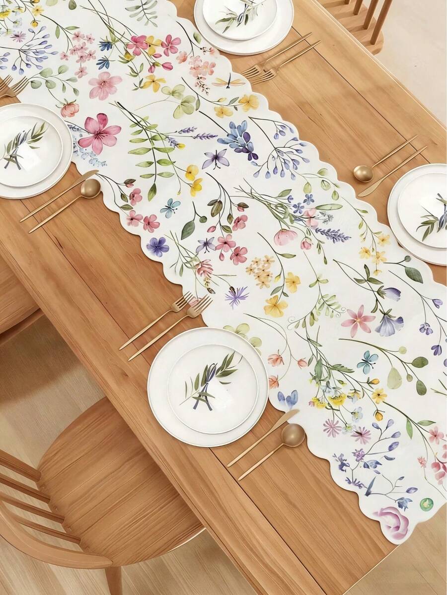 1 pieza Camino de mesa con estampado de olas florales acuarela, adecuado para primavera/verano, Pascua, decoración de mesa de cocina y comedor del hogar - Multicolor - Ver 1