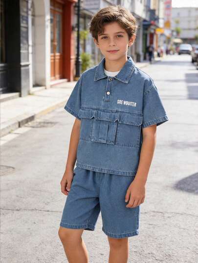 Set de 2 piezas de camisa polo con bolsillo y estampado de letras, y pantalones cortos de mezclilla, para niños, estilo casual, para primavera/verano