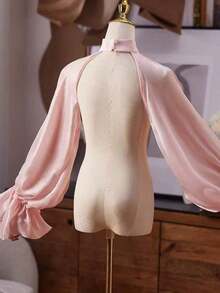 European & American Style Bridal Long Sleeve Shoulder Decor Chiffon Shawl, Versatile Accessory Wedding Dress - Black - View 3