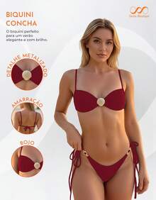 Thin Strap Thong Bikini With Side Tie, Shell Buckle, And Padded Cups - Burgundy - View 6