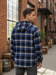 Men's Adult Flannel Plaid Shirt With Hood. - 藍色 - 查看 5