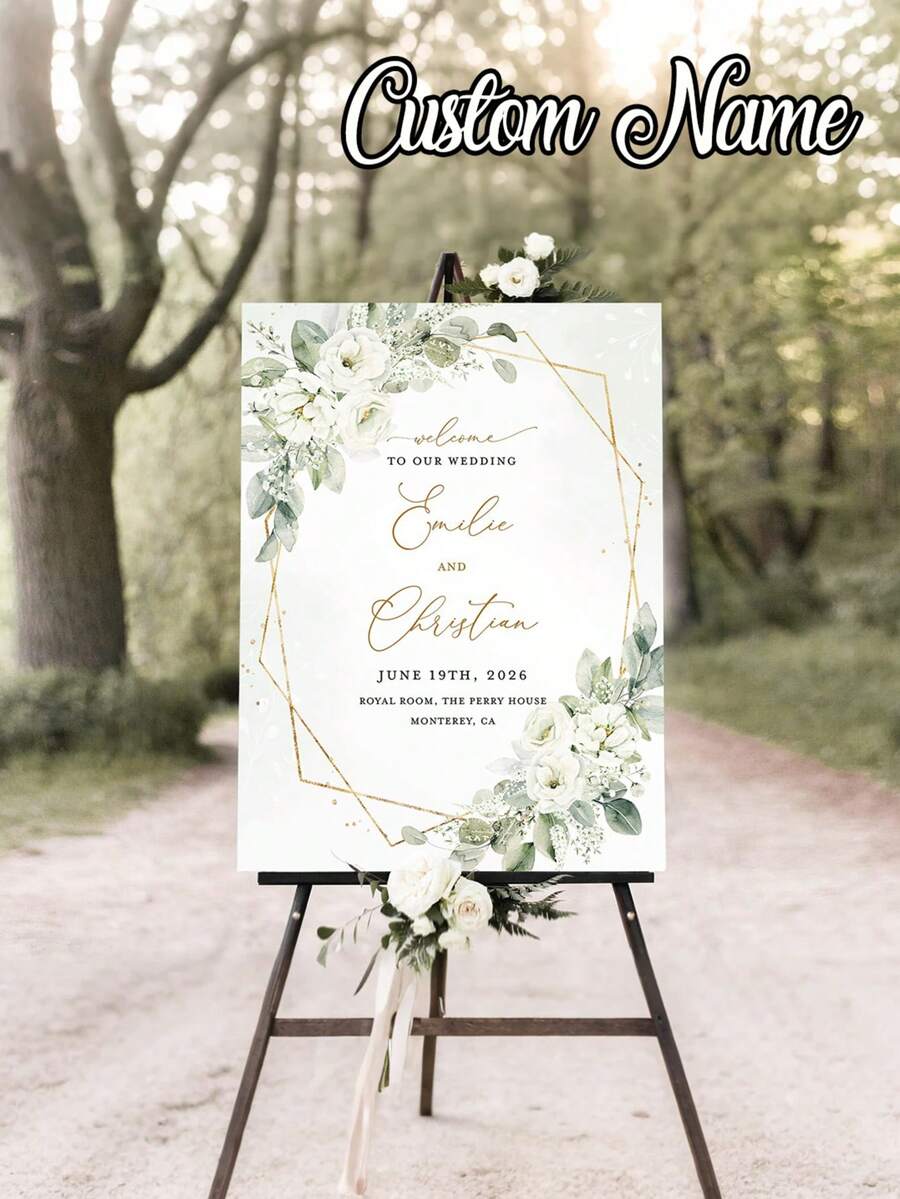 1pc Customized Boho Style Green Wedding Poster, Personalized Green Eucalyptus Wedding Welcome Sign, Wedding Welcome Signage Template, Green Plant Wedding Welcome Signage Download, Floral Wedding Welcome Signage Printable, Boho Style Wedding Welcome Signage, Customized Unframed Canvas Graduation Poster, Boho Green Wedding Welcome Signage Poster - Multicolor - View 1
