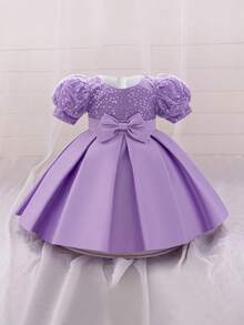 Baby Girls' Round Neck Sequin Bow Tulle Satin Party Dress, Suitable For Birthday Gift, Family Party, Flower Girl Wedding, Excluding Headband - Mauve Purple - View 2