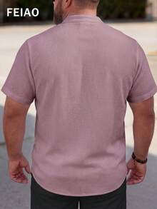 FEIAO 男士加大码复古硬币纽扣纯色华夫格 Polo 衫，简约休闲，时尚百搭，适合度假、通勤等各种场合，舒适放松，轻松展现休闲优雅气质。 - 淺粉色 - 查看 2