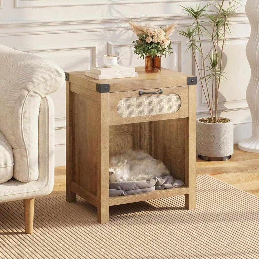 Beaully Rattan Night Stand Boho End Table With One Drawer And Open Shelf, Bedside Table For Living Room Bedroom, Mid-Century Modern Accent Furniture - Natural - View 1