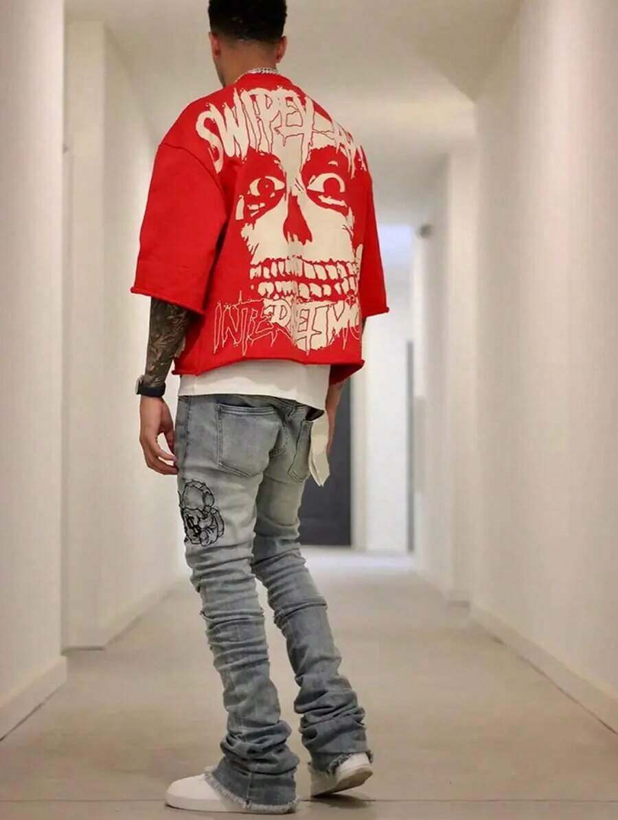 Y2KStyleDirectionalPrintingCottonT-ShirtSoftBreathablePureCottonFabricComfortableAndEnergeticSummerStreetStyleShortSleevedTShirgnRetroSummerWearTShirt - 紅色 - 查看 1