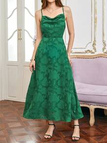 Women's Elegant Jacquard Mesh Dress, Spaghetti Strap Backless Romantic Party Dress For Spring/Summer - Green - View 2