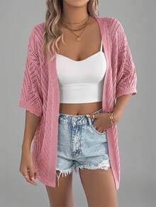 Summer New Hollow Out Short Sleeve Knit Cardigan, Vacation Beach Cover Up Thin Jacket For Women Pink - Pink - View 3