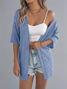 夏季新款镂空短袖针织开衫，女士度假沙滩罩衫薄款外套 - 藍色 - 查看 5