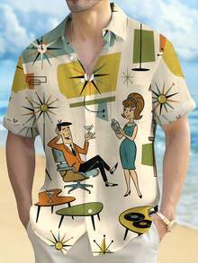 Retro Medieval Geometric Cartoon Print Men's Button-Down Short Sleeve Shirt - Khaki - View 2