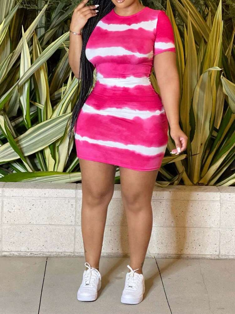 Vestido de verano de manga corta, ajustado, con cuello redondo, minimalista, con bloques de color y efecto tie-dye, perfecto para uso casual en tallas grandes - Rosa Fucsia - Añade 1