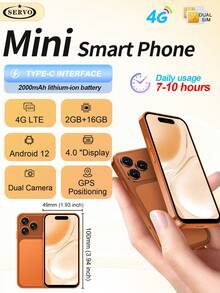 SERVO S4 Pro Mini 安卓智能手机，4.0英寸显示屏，2000mAh电池，2GB+16GB存储，安卓12.0系统，支持WiFi、GPS和4G网络，机身小巧。 - 橘色 - 查看 12