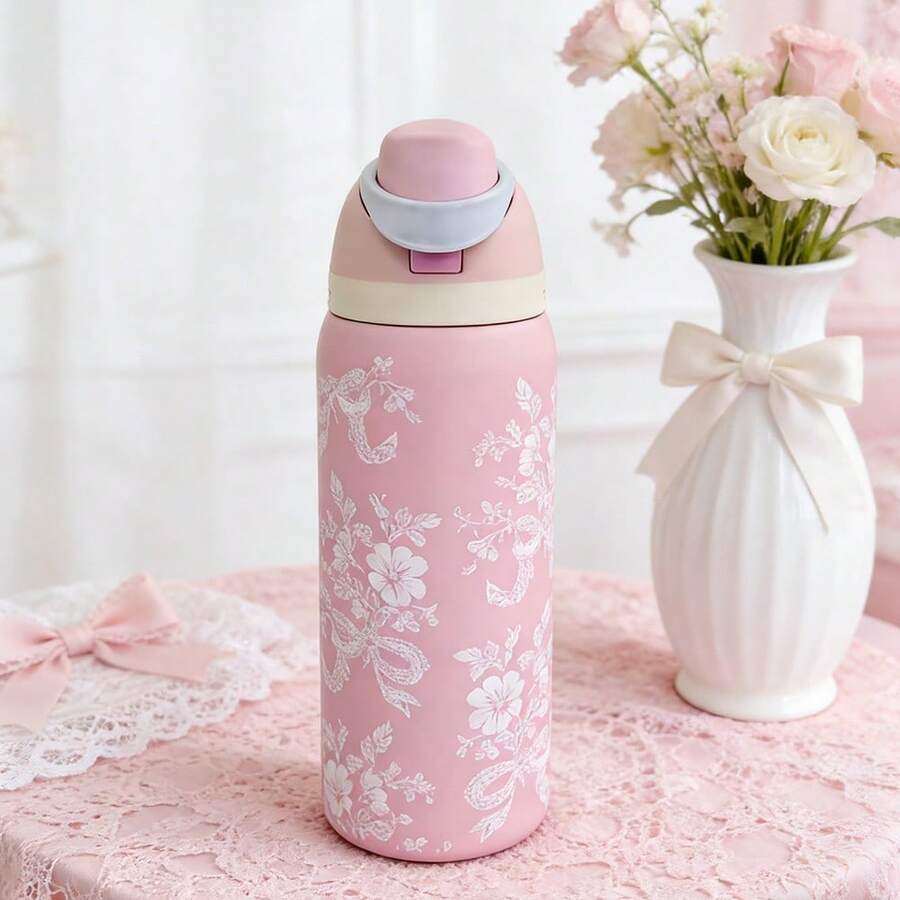 0waIaa Lace Pink Aquarius Bottle, With A Capacity Of 32 Oz (945 Ml), Can Retain Heat For Up To 24 H. It Can Keep Both Hot And Cold Beverages Warm, Suitable For Brewing Coffee And Making Iced Drinks. The Design Is Exquisite And It Is Suitable For Use In Various Occasions Valentine's Day. - 粉色 - 查看 1