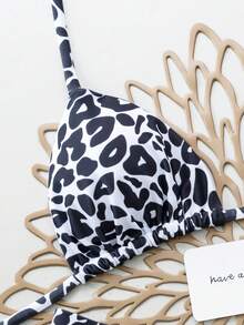 Set de 2 piezas Traje de baño bikini con estampado de leopardo, sexy y con cordones en la espalda, adecuado para vacaciones, playa, actuaciones en el escenario y conciertos en verano, color negro - Negro - Ver 3