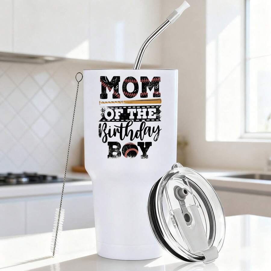 30oz Stainless Steel Tumbler Black White Options, Mom Of The Birthday Boy Graphic Cups, Insulated Travel Coffee Mug With Lid And Straw , Double Wall Vacuum Reusable Travel Cups, Funny Birthday Party Gift For Women & Men - 白色 - 查看 1