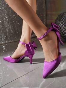 Purple Satin Bow Pointed Toe Ankle Strap High Heel Shoes For Women, Suitable For Spring And Autumn - Purple - View 9