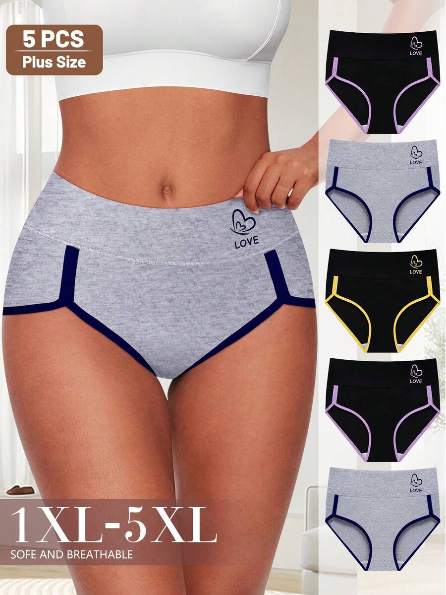Paquete de 5 bragas de talle alto con contraste de color en triángulo para mujer de talla grande