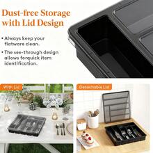 Cutlery Drawer Organizer, Made Of Plastic, Suitable For Kitchen Drawers. It Serves As A Divider For Cutlery And Kitchen Utensils, And Can Store Spoons, Forks, Knives, And Other Cutlery. It Features A 6-Compartment Design And Is Available In Black. - màu đen - Xem 4
