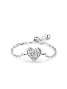 1枚925纯银可叠戴透明锆石可调节心形链戒指，女士经典婚礼饰品 - 銀色 - 查看 1