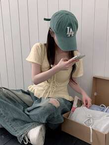 女式荷叶边下摆休闲短款上衣，适合春夏季 - 杏色 - 查看 5